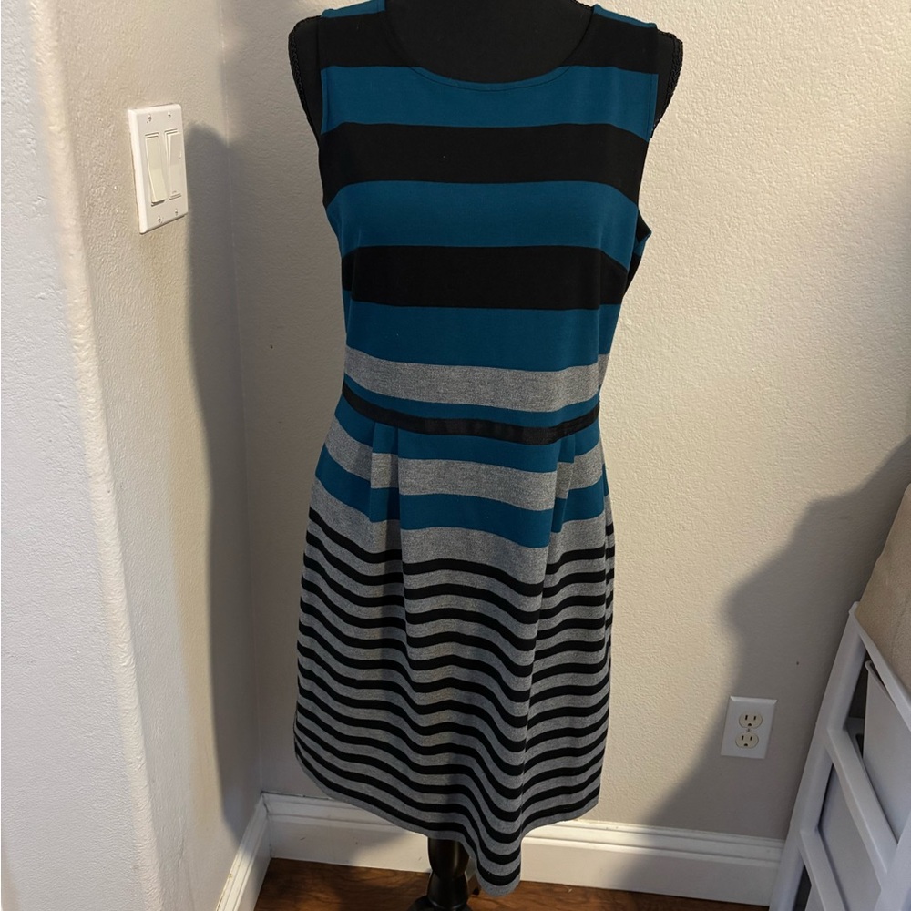 LOFT Sleeveless Striped Dress - Teal, Black, Gray